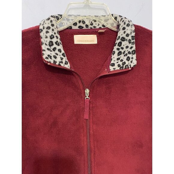 Stan Herman Fleece Zip Up Jacket Burgundy with Animal Print Collar Women's Small - Picture 2 of 8